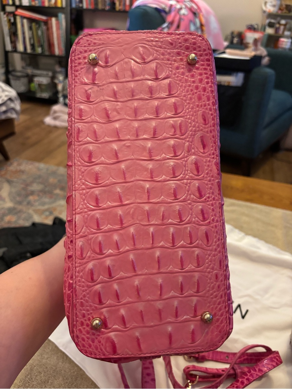 Brahmin hibiscus /Pink Croc-Embossed Satchel with Removable Strap - Picture 4 of 6
